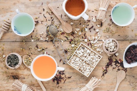 Different types tea ceramic cup with herbs honey dipper