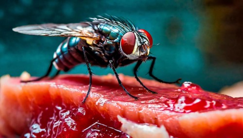 A housefly sits on a piece of meat
