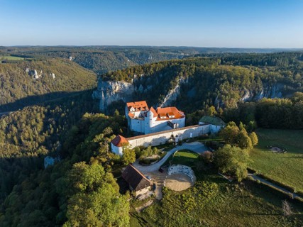 Aerial view of Wildenstein Castle near Leibertingen in the morning sun