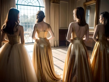 Young woman in elegant ball gowns look out of the window
