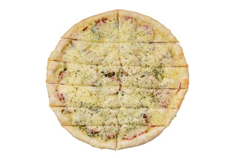 Top view of focaccia with sausage and pickled cucumber cut on stripes