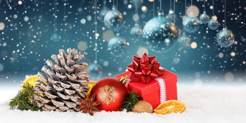 Christmas card Christmas card with Christmas decoration decoration gift Christmas present and Christmas baubles panorama with text free space Copyspace in Stuttgart