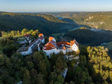 Aerial view of Wildenstein Castle near Leibertingen in the morning sun