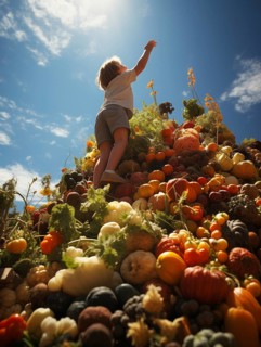 Small child climbing up a bountiful mountain of food piled high reaching up for fresh fruits and colorful vegetables. generative AI