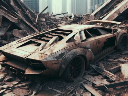 Crashed abandoned rusty expensive atmospheric car as circulation banned for co2 emission 2030 agenda dystopian concept ai generated