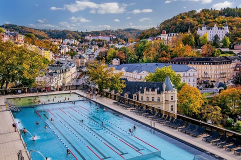 Outdoor terrace of the thermal spa with panoramic view of the city in autumn