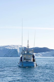An excursion boat in the UNESCO World Heritage Ilulissat Icefjord sails towards a huge iceberg. Ilulissat