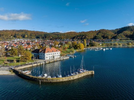 Aerial view of Lake Constance with the municipality of Bodman-Ludwigshafen with the marina and old customs house