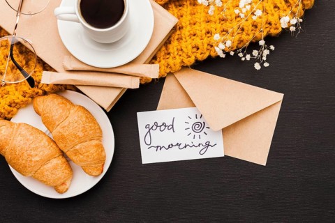 Croissants coffee with greeting card