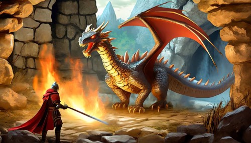 A fire-breathing dragon threatens a knight