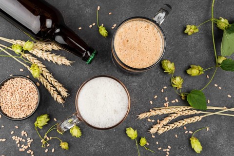 Flat lay beer mugs bottle