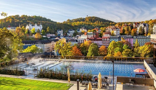Outdoor terrace of the thermal spa with panoramic view of the city in autumn