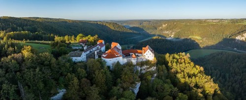 Aerial panorama of Wildenstein Castle near Leibertingen in the morning sun