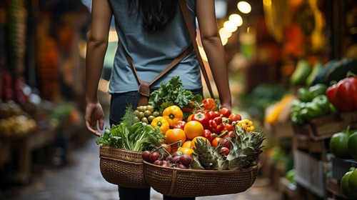 Young adult woman walking the bountiful farmers market with carrying her basket overflowing with vegetables. generative AI