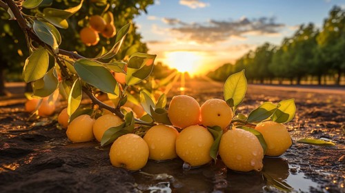 Bountiful lemon tree branch filled with lemons in the sunset light. generative AI