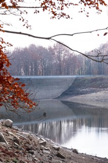 Desolate landscape of drought in the Santa Fe reservoir in the Montseny Biosphere Reserve in the province of Barcelona in Spain