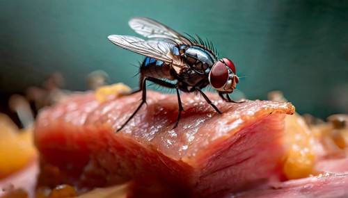 A housefly sits on a piece of meat