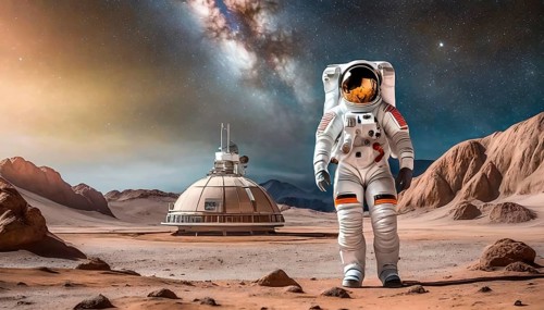 An astronaut in a spacesuit on the moon in front of the starry sky