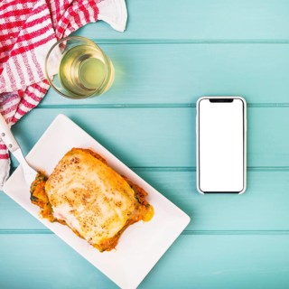 High angle view delicious food smartphone table