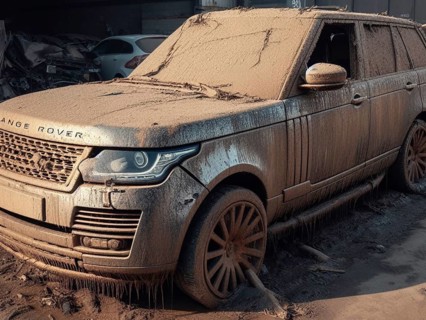 Crashed abandoned rusty expensive atmospheric suv as circulation banned for co2 emission 2030 agenda dystopian concept ai generated