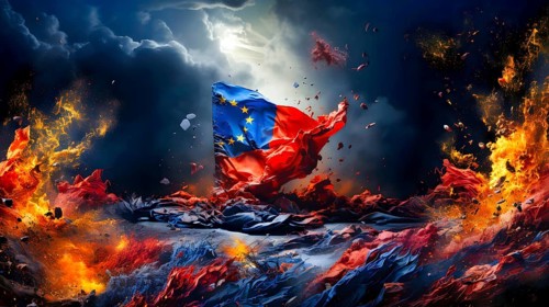 A flag in bright colours as a symbol of the disintegration of the European Union