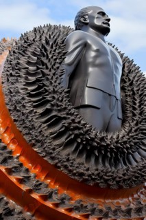 Surrealist bionic creature embedded in liquid metal