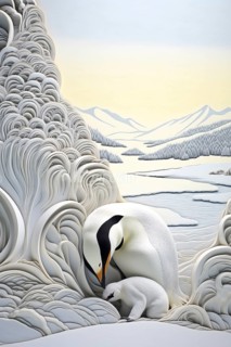 Emperor penguin with chick in a snowy environment