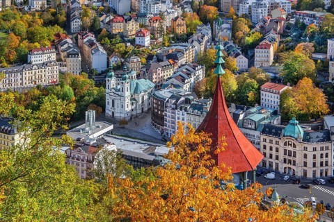 Viewing pavilion with a view of the historic centre with the Church of St. Mary Magdalene in autumn