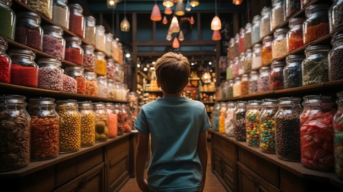 Back view of a small child walking amidst a bountiful display of glass candy jars at a market filled with endless varieties of colorful confections and an abundant selection of sweet treats. generativ...