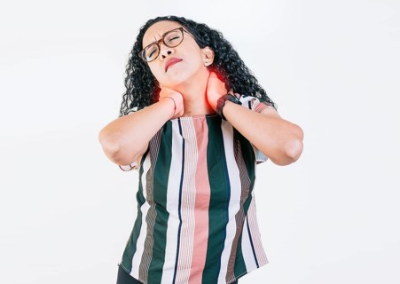 People with neck tension isolated. Neck pain and stress concept. Afro girl suffering with neck pain isolated