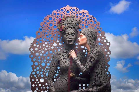 Surrealist red bionic metallic creatures