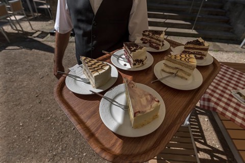 Waitress brings various pieces of cake on a tray to the guests