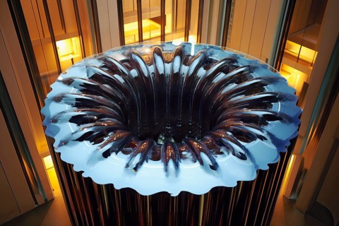 Blue iron fountain in Harry Potter style in a surreal lobby