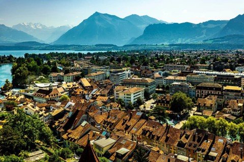 Aerial View over City of Thun and Lake with Mountain in a Sunny Day in Bernese Oberland