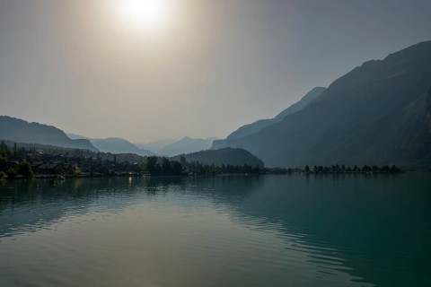 View over Lake Brienz with Mountain and Sunlight in Brienz