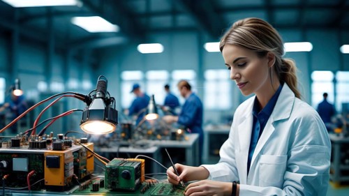 Electrical engineer works on a circuit board