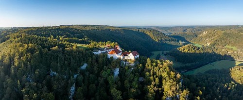 Aerial panorama of Wildenstein Castle near Leibertingen in the morning sun