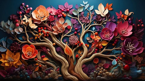 Vibrant colorful paper sculpture of a bountiful flourishing tree representing abundance in life. generative AI