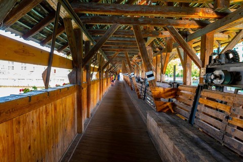 Inside of Beautiful Obere Schleuse Bridge in City of Thun in a Sunny Summer Day