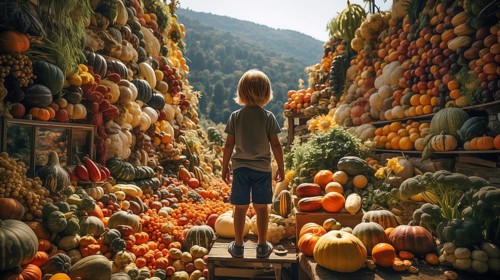 Back view of a small child standing amongst bountiful mountains of food piled high overflowing with fresh fruits and colorful vegetables. generative AI