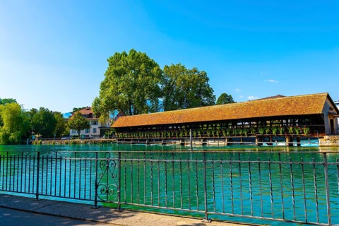 Beautiful Obere Schleuse Bridge in City of Thun in a Sunny Summer Day