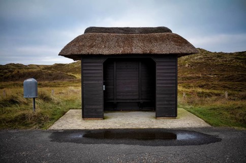 Bus stop with thatched roof
