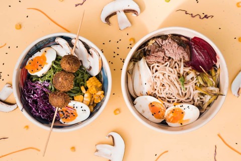 Asian style food bowls colored background