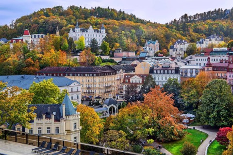 Town view with typical Art Nouveau buildings in autumn