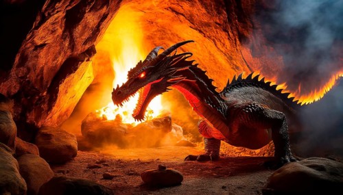 A fire-breathing dragon sits in a cave