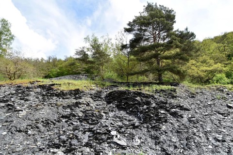 Disused slate mine with overburden in the valley of the Kyrbach near Oberkirn in Hunsrueck