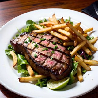 Steak with chips on a bed of salad
