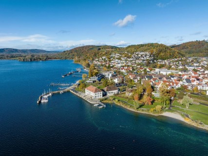Aerial view of Lake Constance with the municipality of Bodman-Ludwigshafen with the marina and old customs house