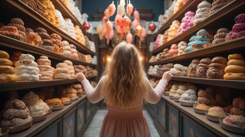 Young girl standing amid towering shelves of delicious pastries