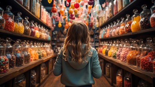 Back view of a small child walking amidst a bountiful display of glass candy jars at a market filled with endless varieties of colorful confections and an abundant selection of sweet treats. generativ...